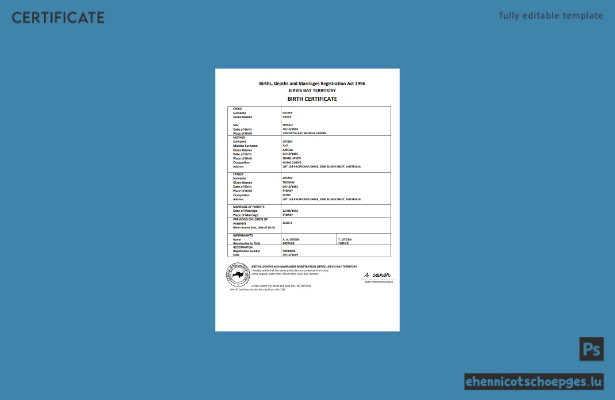 Australische Geburtsurkunde des Jervis-Bay-Territoriums im Word- und PDF-Format – Beispielvorschau
